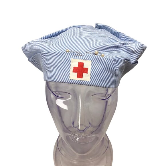 Vintage American Red Cross Volunteer Hat Cap Uniform Women's Blue Stripe Pin On - Picture 1 of 4